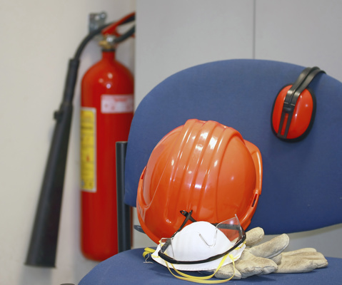 Personal protective equipment, mask, bump hat, ear defenders, glasses and gloves.